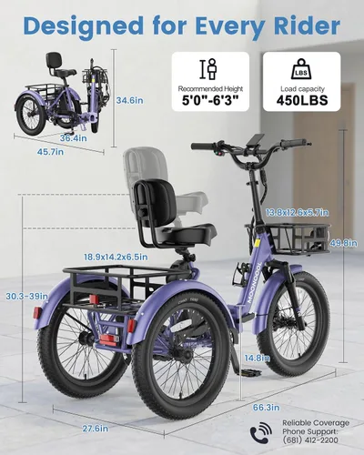 Miniatura 9 de MOONCOOL Electric Tricycle for Adults, 500W/750W Folding Electric Trike for Adults, 20"x3.0" Fat Tire 3 Wheel Electric Bike, Aluminum Frame