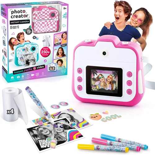 Miniatura 4 de Photo Creator - Cámara instantánea 3 en 1 para niños, color rosa; cámara, impresora instantánea y cabina de fotos con divertidos marcos y filtros