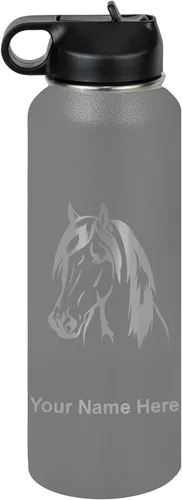 Miniatura 34 de LaserGram Botella de agua personalizada, cabeza de caballo 1, acero inoxidable de doble pared aislada al vacío con popote superior, regalo grabado