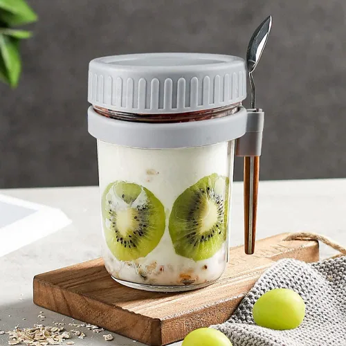 Miniatura 6 de Recipientes de avena con tapas y cuchara, juego de 2 frascos herméticos de 12 onzas con marcas de medición, vasos reutilizables para yogur de Blanco