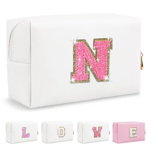 Miniatura 418 de Pequeña bolsa de maquillaje personalizada con inicial A-Z Preppy Patch, bolsa de cosméticos de viaje de felpilla blanca con cremallera, bonita bolsa