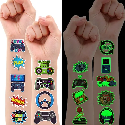 Miniatura 2 de 96 piezas de tatuajes de videojuegos que brillan en la oscuridad para niños, calcomanías de tatuajes falsos temporales luminosos para niños, Luminous