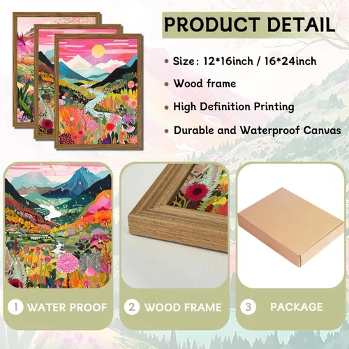 Miniatura 3 de Juego de 3 piezas de arte de pared de montaña colorida boho, pinturas abstractas de paisaje de flores de acuarela, pósters modernos de naturaleza