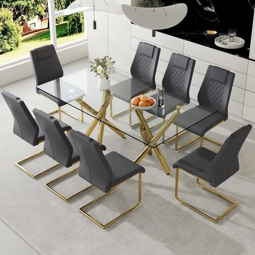 Miniatura 18 de Ebullient Moderno juego de mesa de comedor para 6, mesa de comedor de cristal de 71 pulgadas y patas de mesa de metal dorado, mesas de comedor