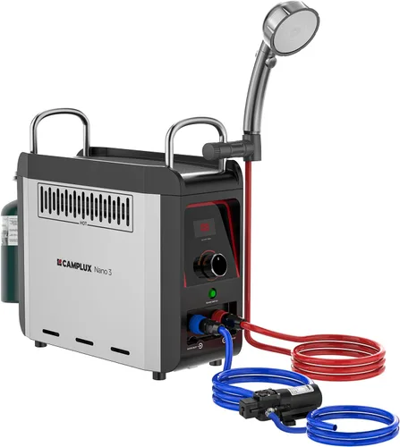 CAMPLUX Nano 3 Calentador de agua portátil de propano con kit de bomba, diseño compacto y ligero, cables de bomba de conexión rápida y mangueras de