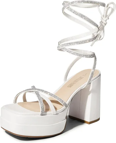 DREAM PAIRS Sandalias de plataforma con cordones para mujer, con diamantes de imitación, sandalias gruesas Y2K para club, fiesta, cita, baile de