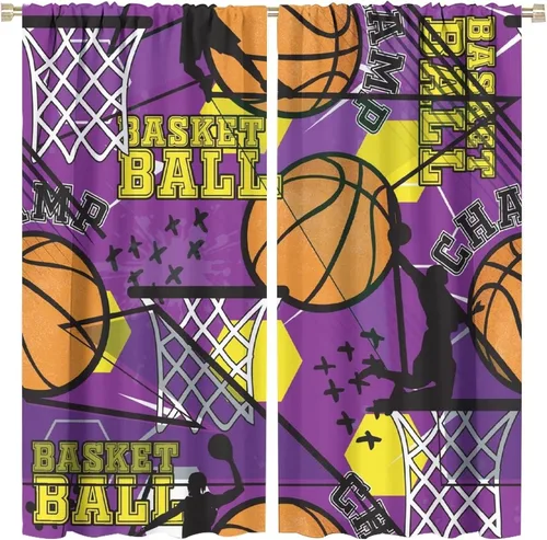 Miniatura 15 de Cortinas deportivas de baloncesto para niños, patrón de llama de bola 3D naranja, 42 pulgadas de ancho x 45 pulgadas de largo