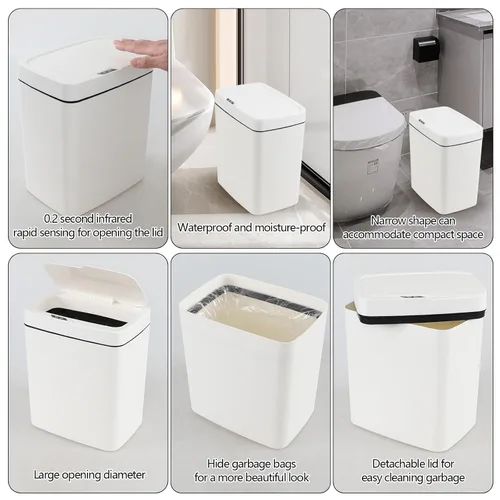 Miniatura 3 de Bote de basura con sensor de 4 galones con tapa infrarroja sin contacto, color blanco Cubo de basura automático de 15 litros con sensor
