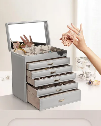 Miniatura 6 de Vlando Joyero grande de 6 niveles para mujer, organizador de joyas grande con espejo, joyero para cajón, collar, anillo, pulsera y reloj, regalo