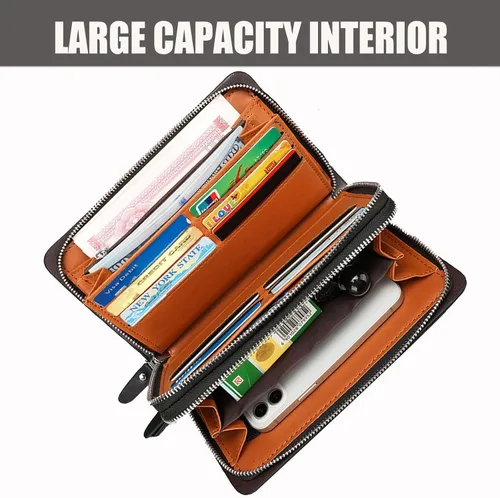 Miniatura 5 de Bolso de mano para hombre, bolso de mano de cuero genuino, con cremallera, cartera larga, para negocios, grande, soporte para teléfono