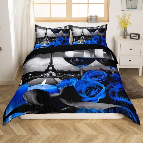 Miniatura 11 de Juego de funda de edredón de rosa roja, tamaño matrimonial, juego de ropa de cama floral color rojo degradado y negro para niñas, mujeres, niños