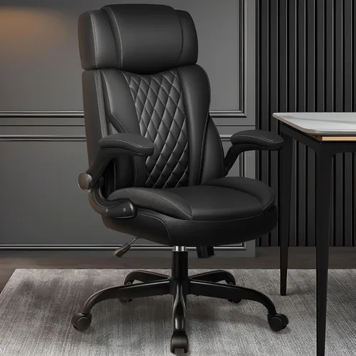 Miniatura 2 de Silla de oficina con brazos abatibles, silla de oficina ejecutiva de cuero ergonómica con soporte lumbar, reposacabezas ajustable, silla de Negro