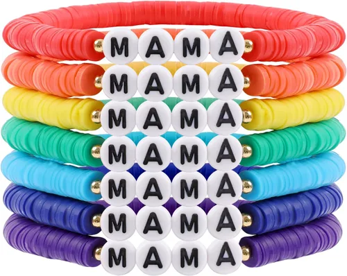 Miniatura 11 de Juego de pulseras heishi arcoíris estilo surfista para mujer, juego de pulseras apilables de cuentas de arcilla, pulseras elásticas con disco