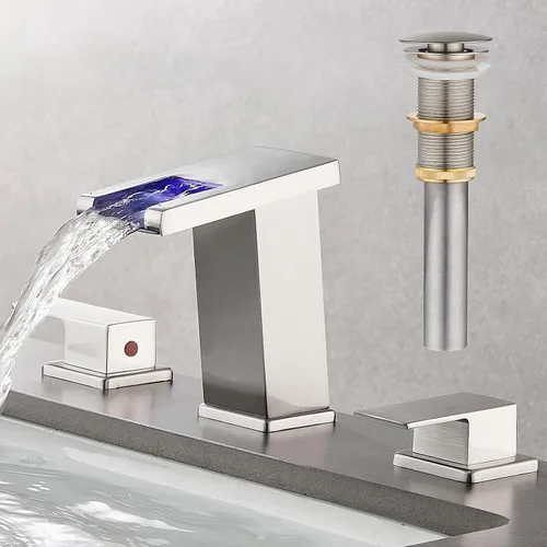 Miniatura 12 de AVSIILE Grifo de Baño LED de 3 Orificios, Grifos de Baño de Cascada Cromados, Grifo de Lavabo de Baño Moderno de 8 Pulgadas de Separación Amplia