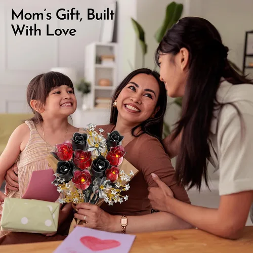 Miniatura 9 de Juego de construcción de ramo de rosas para adultos, regalos para mujeres, adolescentes, parejas, mamá, esposa, novia, colección de botánicos