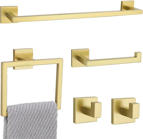 Juego de 5 toallas de baño de color dorado claro cepillado, juego de toallero para baño, juego de accesorios de baño de acero inoxidable SUS304,
