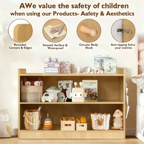 Miniatura 5 de Organizador de almacenamiento de juguetes para niños de 2 niveles, estantería Montessori de madera para niños, armario de almacenamiento de juguetes