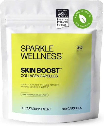 Sparkle Wellness Skin Boost - Cápsulas de colágeno (180 píldoras) | 30 días de 2500 mg de péptidos de colágeno VERISOL y vitamina C | Mejora la