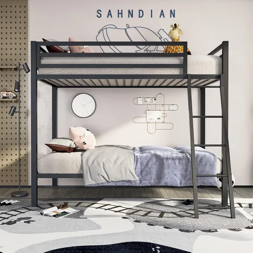 Miniatura 3 de ikalido Cama Litera de Metal Tipo Loft Tamaño Twin sobre Twin con Barandilla de Seguridad y Escalera, No Necesita Somier, Muebles de Dormitorio que
