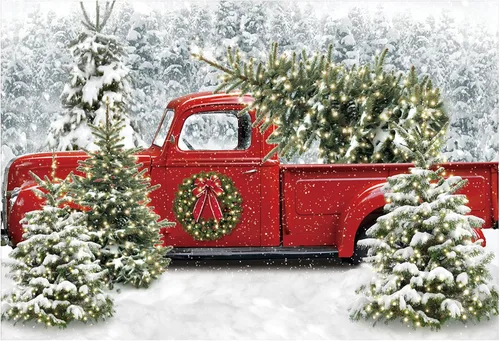 Funnytree Telón de fondo de camión rojo navideño de 82" x 59", diseño de bosque nevado de invierno, árbol, fondo de Navidad, "Deja que nieve",