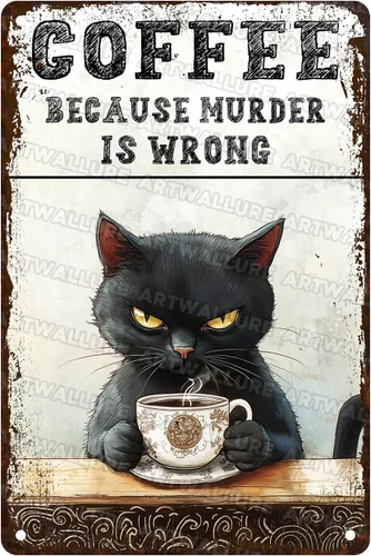 Cartel de gato negro con texto en inglés «Coffee Because Murder is Wrong», póster de metal vintage, decoración de pared retro para cocina,