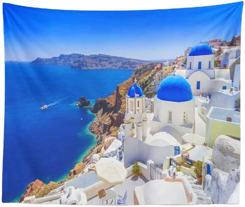 Miniatura 2 de ASOCO Tapiz de Santorini para colgar en la pared, hermoso pueblo, isla Santorini, isla Santorini, hito de la naturaleza y Europa, tapiz de pared