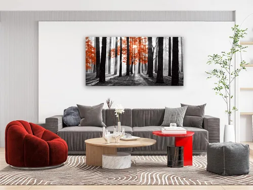 Miniatura 8 de Cao Gen Decor Art S06662 - Lienzo decorativo para pared, diseño de árbol rojo en blanco y negro, bosque brumoso soleado, imagen póster impresión
