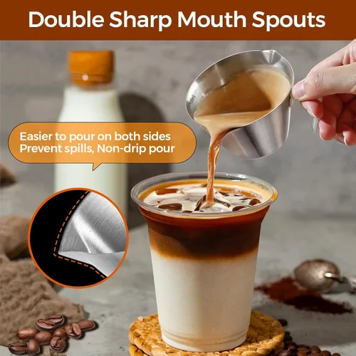 Miniatura 3 de 2 piezas de tazas de espresso de acero inoxidable con asa, taza medidora de metal de doble boquilla con doble escala, taza de espresso con boca