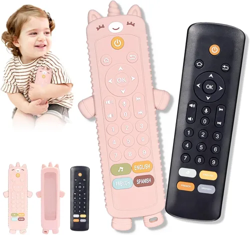 KIRALUMI Juguete de control remoto para bebé con cubierta de silicona para mordedor, juguetes musicales para bebés, aprendizaje temprano de números