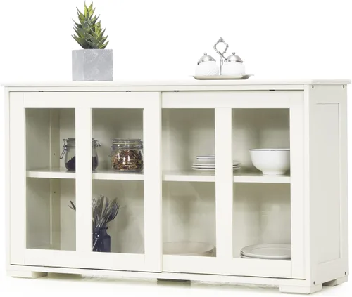Miniatura 8 de LOKO Armario apilable para bufé, armario de almacenamiento de cocina con puertas corredizas de vidrio templado, pequeño aparador para cocina, Negro