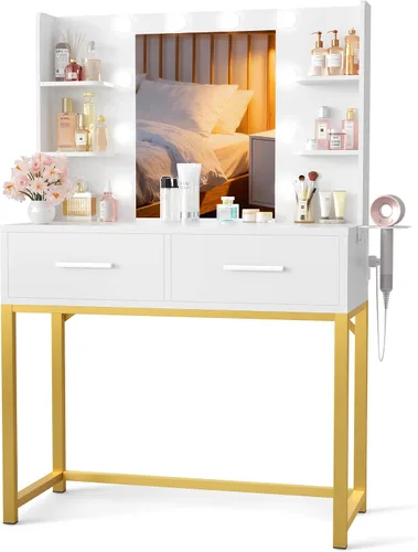 Miniatura 12 de YESHOMY - Escritorio tocador con espejo, mesa de maquillaje con 2 cajones grandes, toma de corriente y soporte redondo, bombilla ajustable de 3