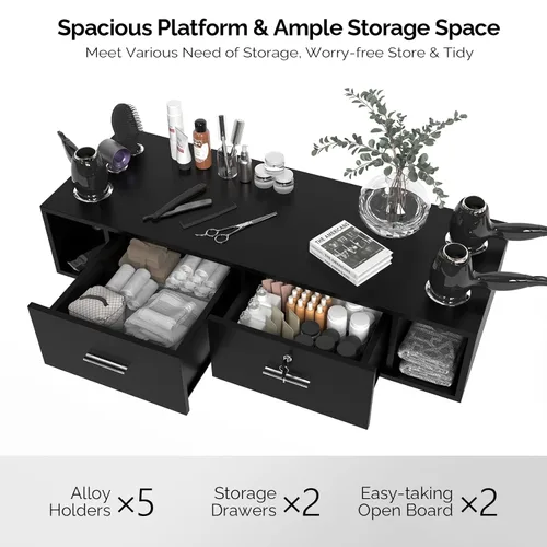 Miniatura 7 de OmySalon Estación de estilo de montaje en pared para estilista, equipo de peluquería de belleza, estación de gabinete de salón con cajones de Negro