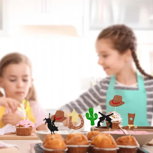 Miniatura 6 de 24 adornos de vaquero para cupcakes con purpurina, zapatos de caballo de vaquero, botas, púas de cupcakes, pistola de estrella, cactus, cupcakes