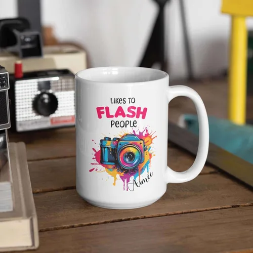 Miniatura 3 de Taza personalizada con texto en inglés "Me gusta destellar", taza de té de cerámica con cámara colorida personalizada con nombre, tazas de café