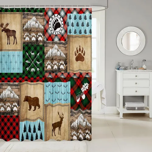 Miniatura 2 de Manfei Cortinas de ducha con diseño de oso de ciervo para niños, conos de pinos, cuernos de pata de animal, cortinas de baño impermeables con 12