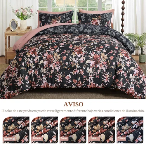 Miniatura 9 de Juego de edredón tamaño Queen, 7 piezas, juego de edredón floral negro y rosa, juego de ropa de cama en una bolsa tamaño Queen con patrón de flores