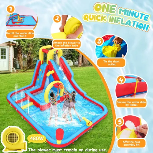 Miniatura 6 de Whubefy Toboganes acuáticos inflables para el patio trasero de los niños (con 450 sopladores, 6 juguetes)