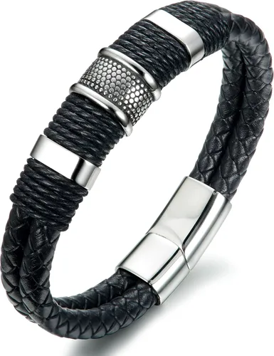 FIBO STEEL brazalete de cuero entrelazado y acero inoxidable con broche magnético de entre 7.5 y 8.5 pulgadas para hombre