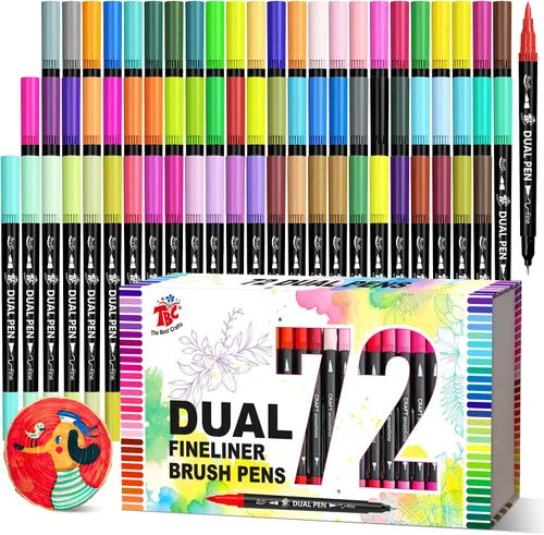 Bolígrafos de pincel para libros de colorear para adultos, 72 colores marcadores artísticos de doble punta – punta fina para contorno + punta de
