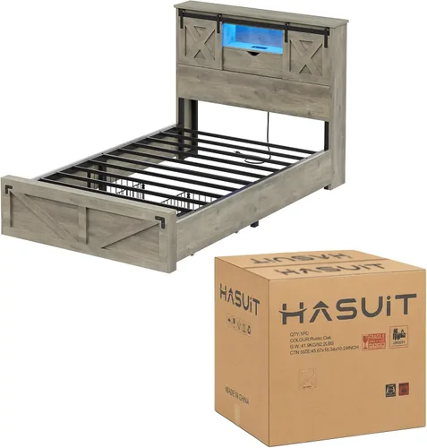 Miniatura 6 de Hasuit Marco de cama de granja tamaño individual con 2 cajones de almacenamiento, plataforma de madera con luces LED y estación de carga, cabecera