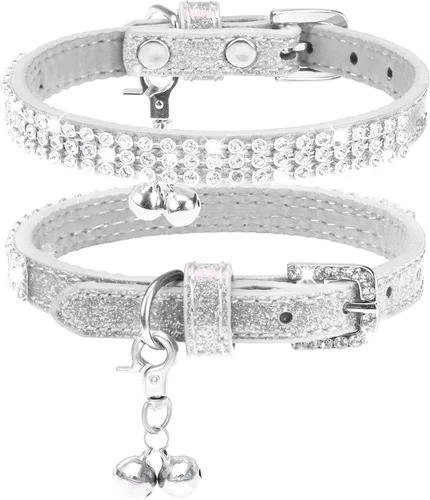 Miniatura 12 de PUPTECK Collar básico ajustable para gato con diamantes brillantes y campanas dobles, para gatitos y cachorros pequeños, collares de diamantes