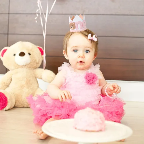 Miniatura 2 de Corona de oso de peluche de primer cumpleaños para niñas, sombrero de oso pequeño, decoración de una campista feliz