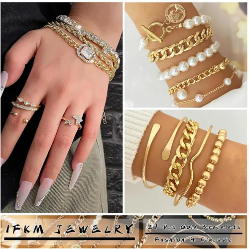 Miniatura 2 de IFKM Juego de 6 pulseras de cadena de oro bohemio para mujer, chapado en oro de 14 quilates, múltiples capas, apilables, abiertas, con eslabones