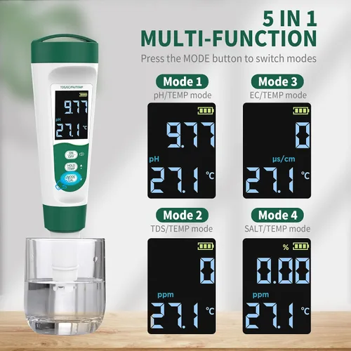 Miniatura 3 de Medidor de pH digital 5 en 1, con función de voz, PH/TDS/EC/Temp/Salt Pool Salt Tester, medidor de pluma impermeable y recargable para piscinas