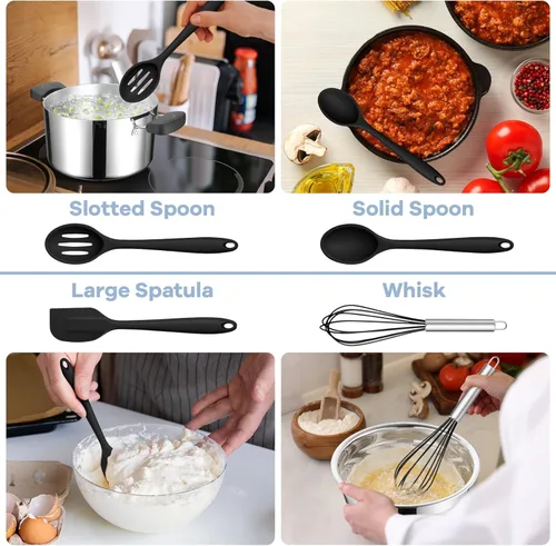Miniatura 5 de TeamFar Juego de utensilios de cocina de silicona, 8 piezas, resistente al calor de 446 °F, espátula, cuchara, batidor, utensilios de cocina Negro