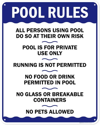 Miniatura 17 de Letrero de reglas de la piscina, «Swim at Your Own Risk, This is a Private Pool, No Food No Runing, No Glass, No Pets – Cartel de piscina, 10 x 14