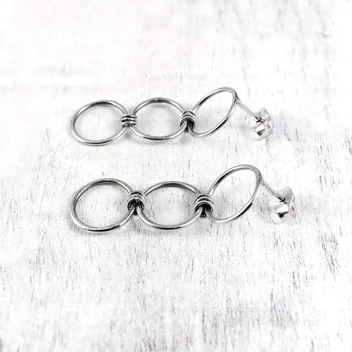 Miniatura 4 de Handmade Sterling Silver 925 Triple Open Circle Link Dangle Stud Post Earrings, Light Weight Three Ring Geometric Design, Polished finish
