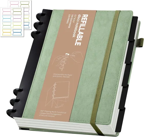 Yoment - Cuaderno de diario de cuero para trabajo, recargable, 224 páginas, 100 GSM, papel grueso, cuaderno de 5 materias con separadores y pestañas