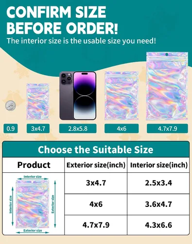 Miniatura 2 de Bolsas holográficas Mylar de 4 x 6 pulgadas, 100 bolsas pequeñas transparentes resellables a prueba de olores, bolsa de embalaje de plástico