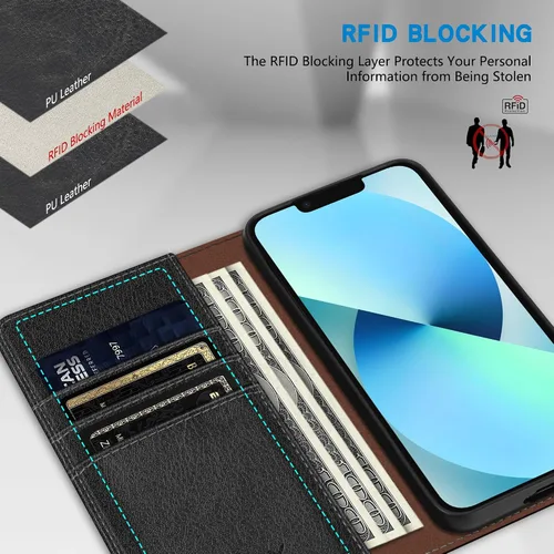 Miniatura 2 de ZZXX Funda tipo cartera para iPhone 13 con bloqueo RFID, soporte de ranura para tarjetas, funda protectora de cuero magnético fuerte plegable